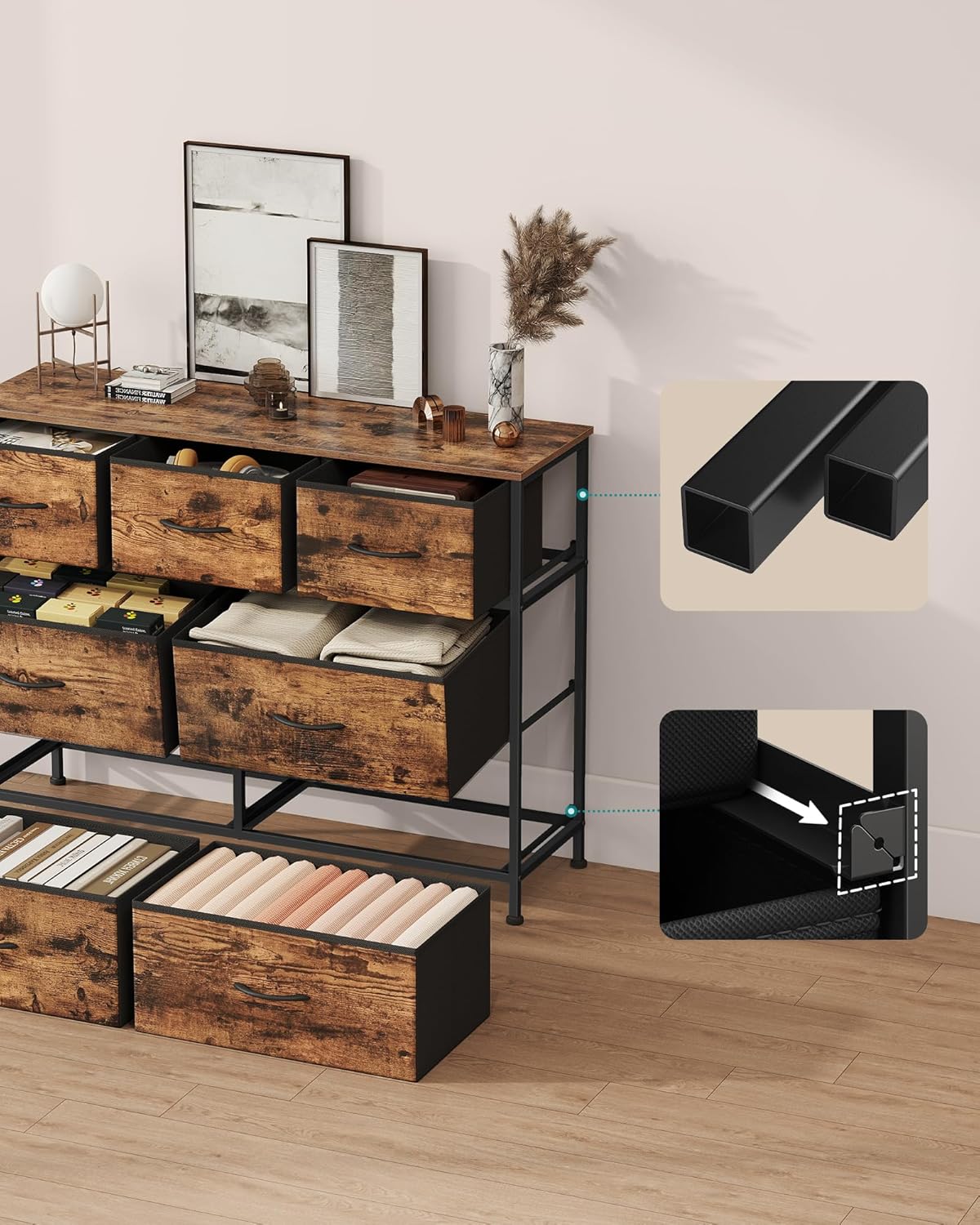SONGMICS komód 7 fiókkal, fémvázzal és MDF tetőlappal, textil fiókokkal, 99x30x74 cm, rusztikus barna - Image 2
