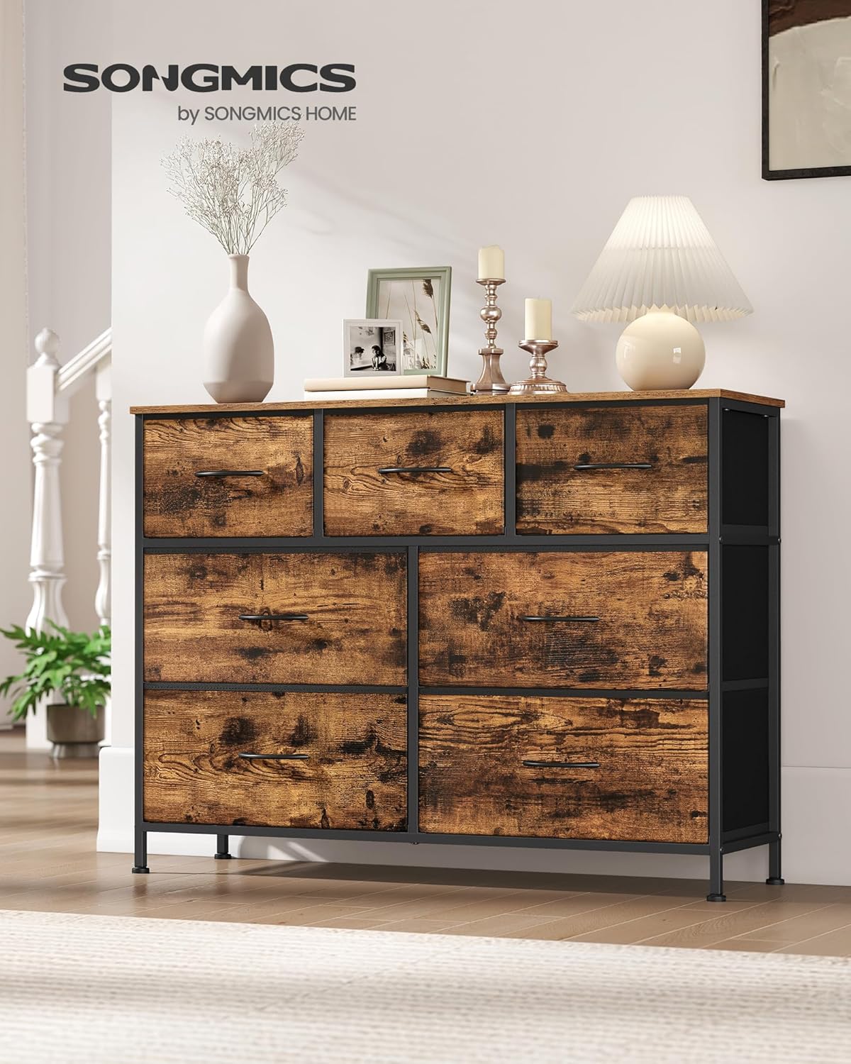 SONGMICS komód 7 fiókkal, fémvázzal és MDF tetőlappal, textil fiókokkal, 99x30x74 cm, rusztikus barna - Image 4