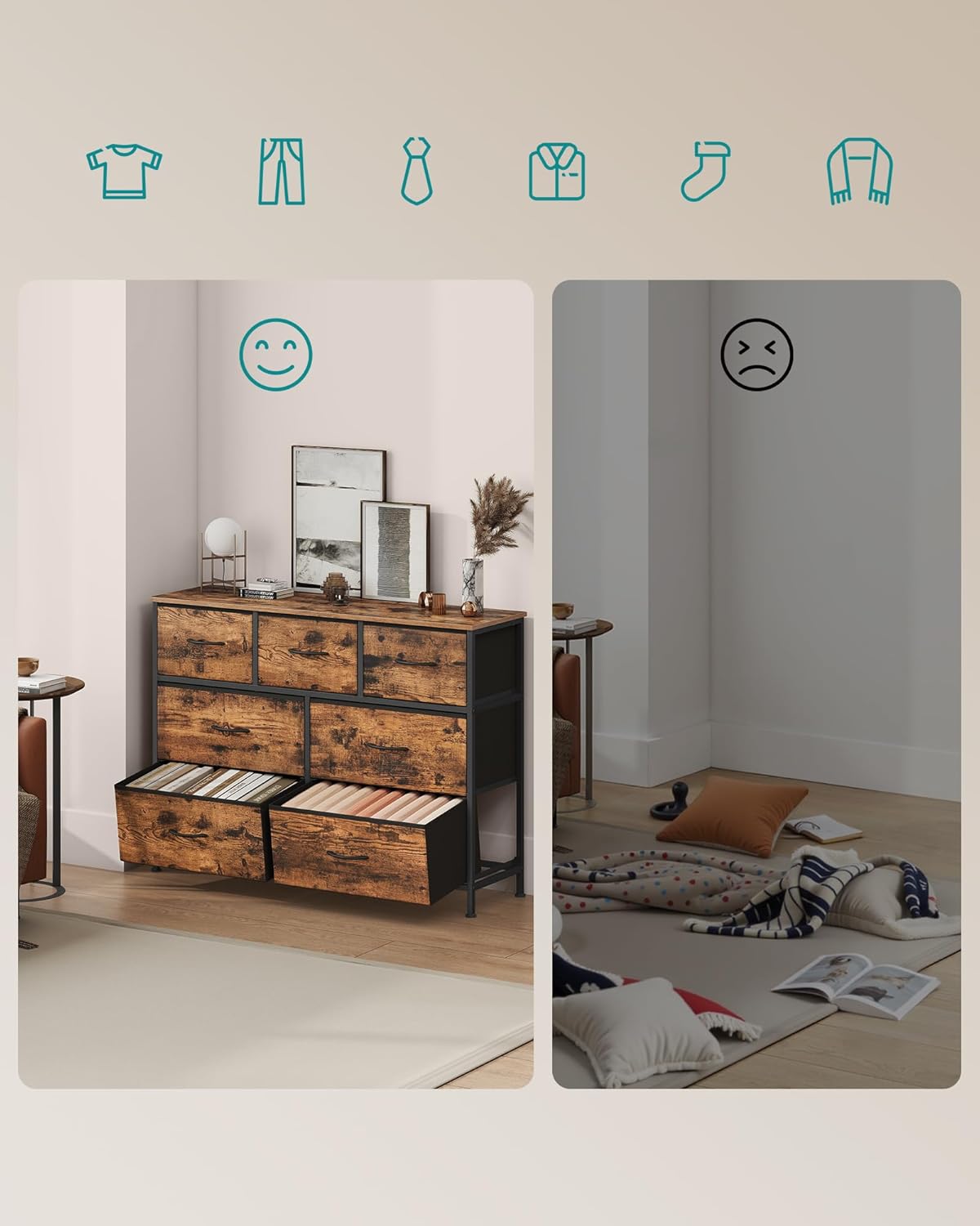 SONGMICS komód 7 fiókkal, fémvázzal és MDF tetőlappal, textil fiókokkal, 99x30x74 cm, rusztikus barna - Image 5