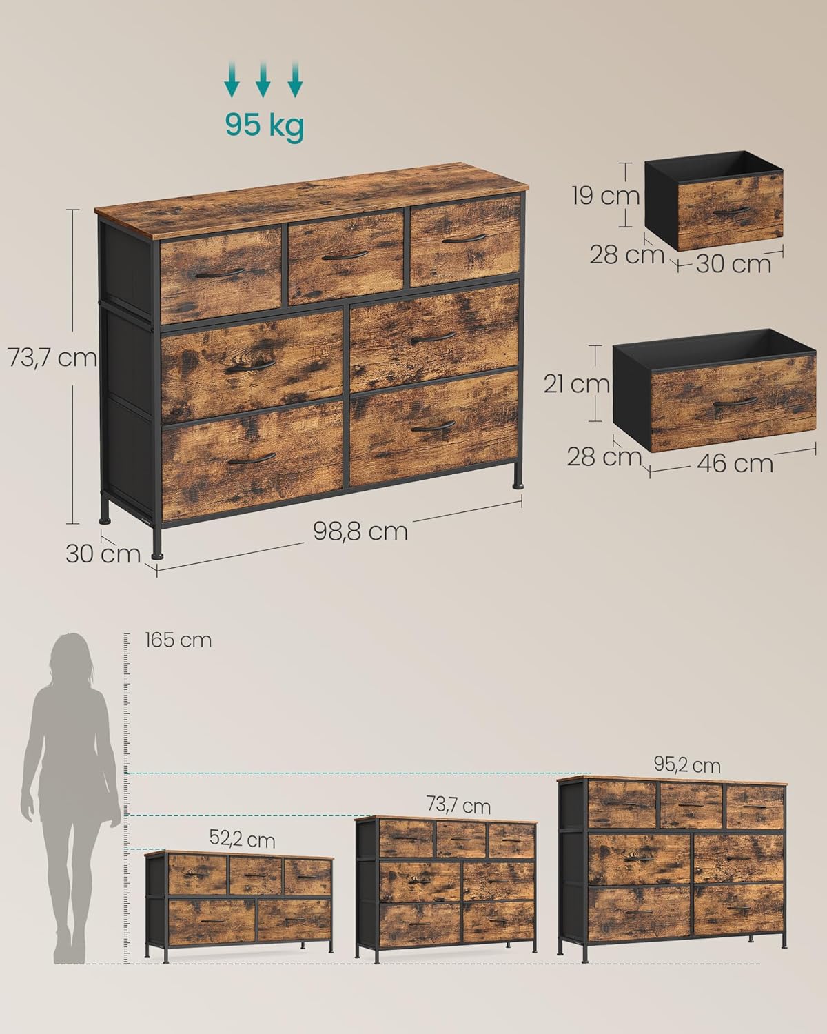 SONGMICS komód 7 fiókkal, fémvázzal és MDF tetőlappal, textil fiókokkal, 99x30x74 cm, rusztikus barna - Image 6
