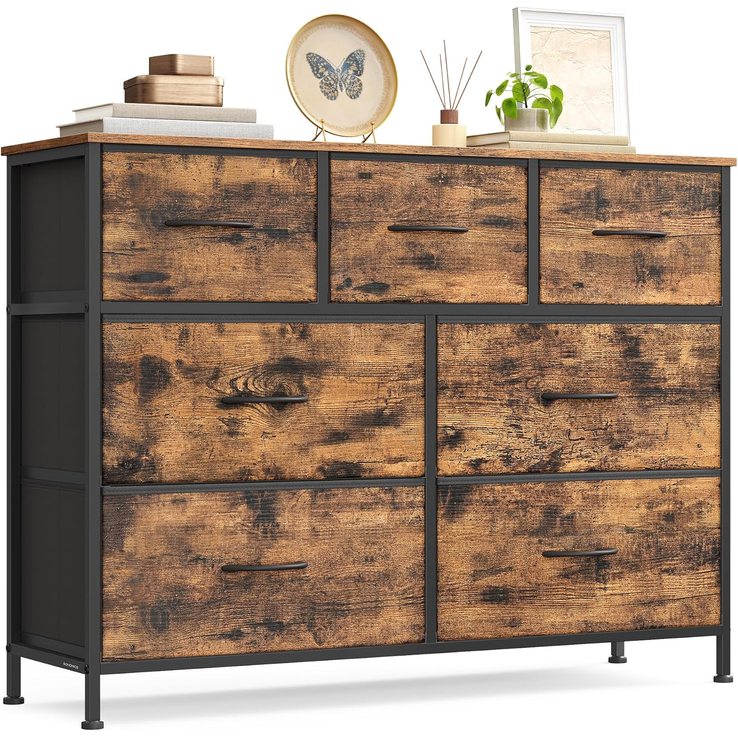 SONGMICS komód 7 fiókkal, fémvázzal és MDF tetőlappal, textil fiókokkal, 99x30x74 cm, rusztikus barna - Image 7