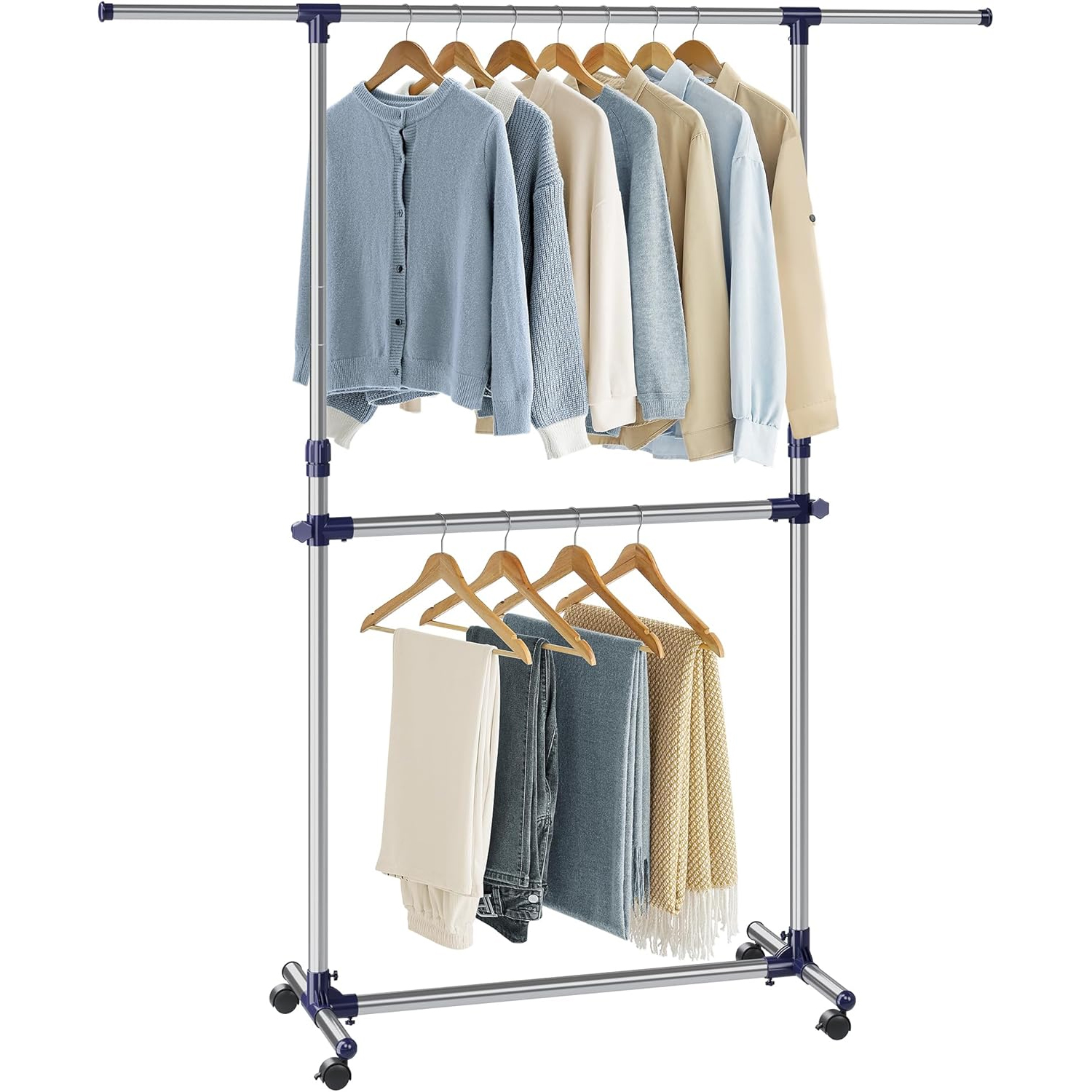 SONGMICS ruhaállvány kihúzható felső sínnel 101-165 cm, kerekeken, magasságállítható 113-180 cm, ezüst - Image 10