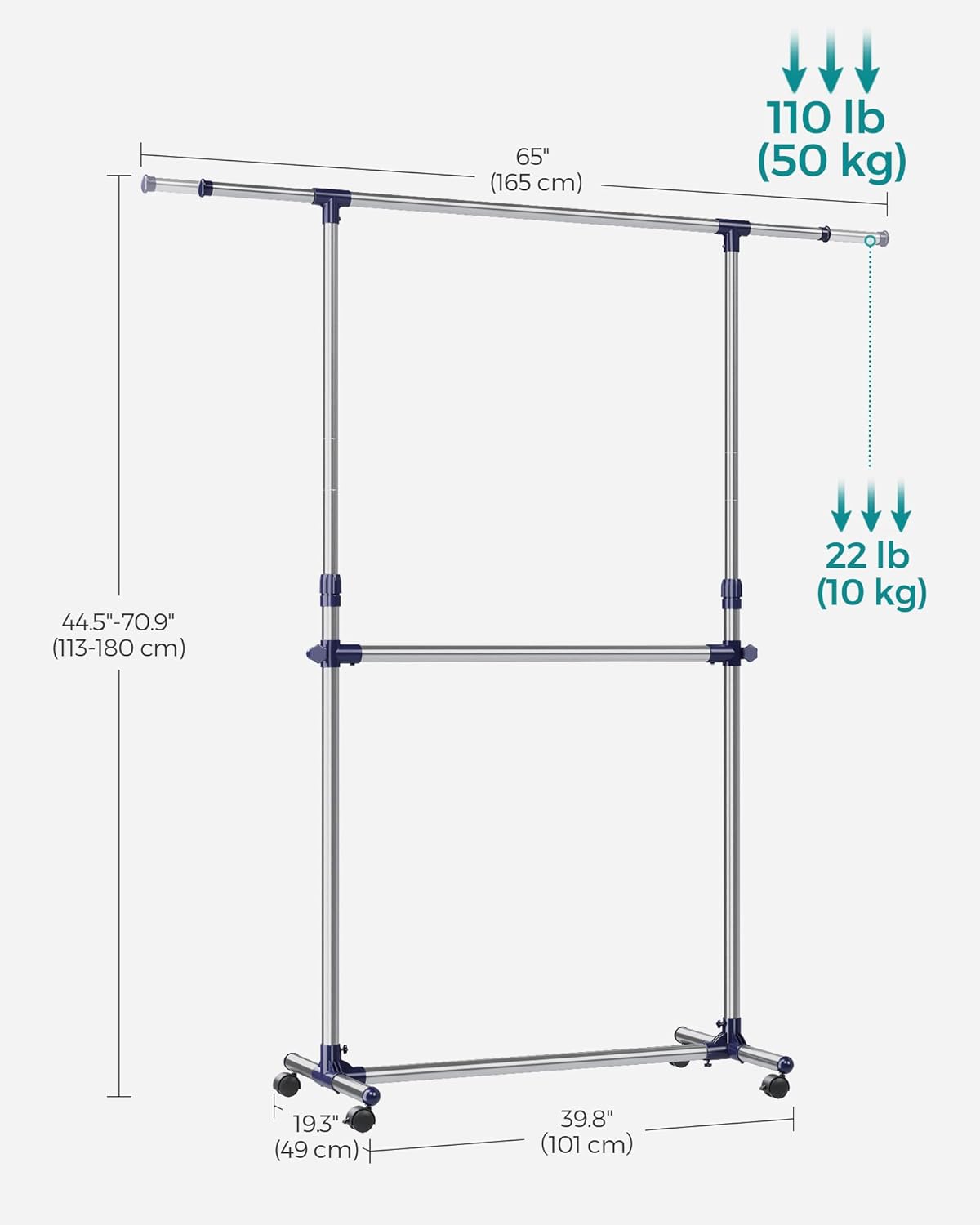 SONGMICS ruhaállvány kihúzható felső sínnel 101-165 cm, kerekeken, magasságállítható 113-180 cm, ezüst - Image 8