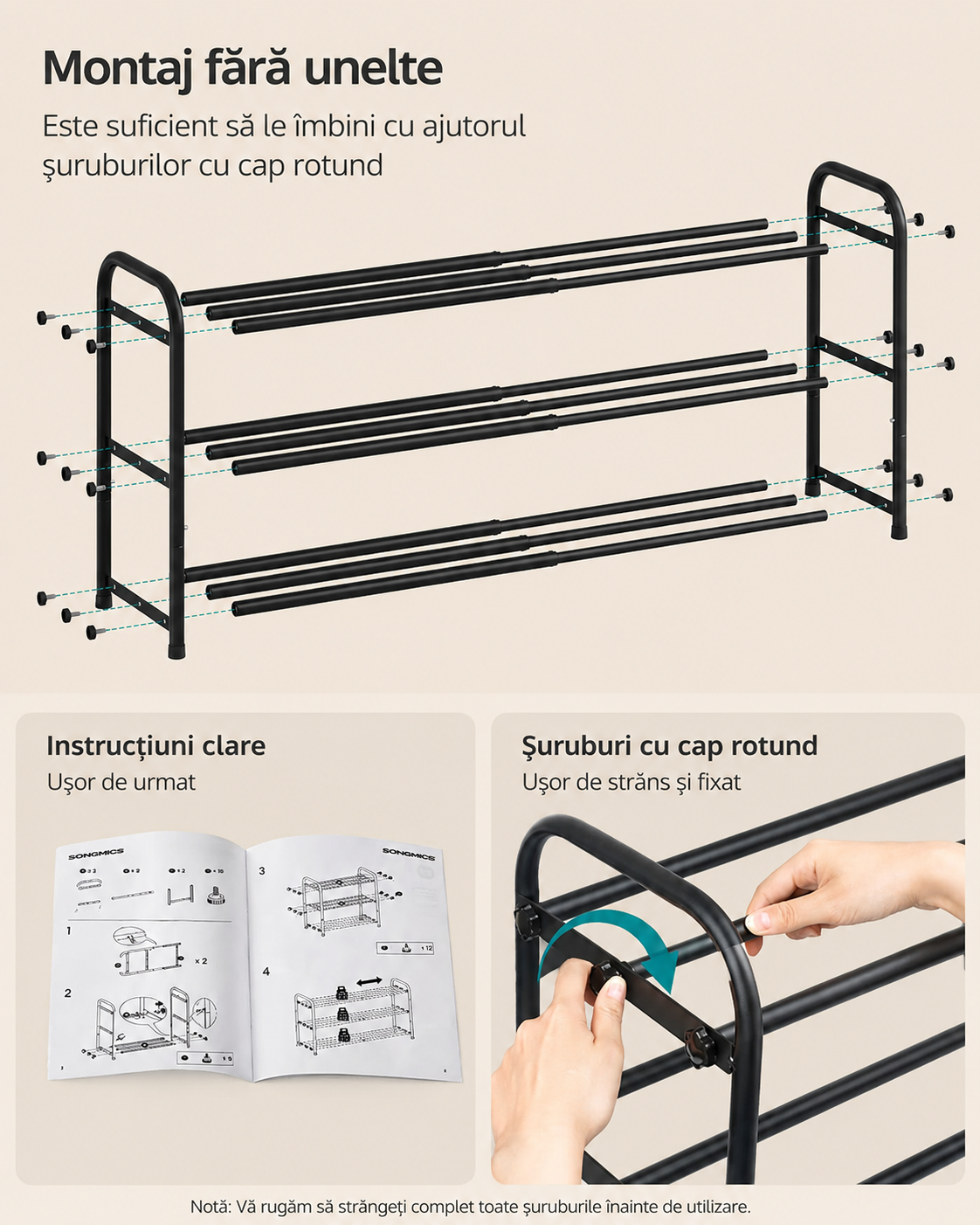 SONGMICS Suport extensibil pentru incaltaminte, 3 niveluri, metal, reglabil 45-82 cm, negru - Image 5