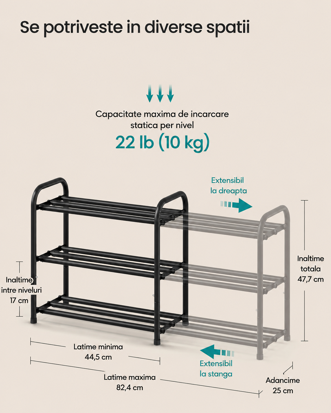 SONGMICS Suport extensibil pentru incaltaminte, 3 niveluri, metal, reglabil 45-82 cm, negru - Image 6