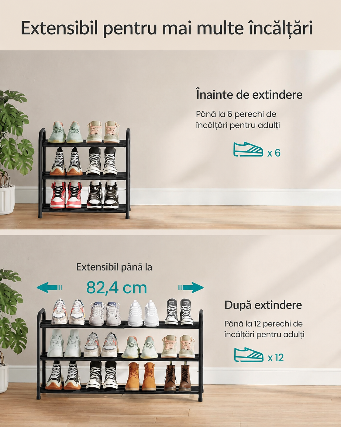 SONGMICS Suport extensibil pentru incaltaminte, 3 niveluri, metal, reglabil 45-82 cm, negru - Image 7