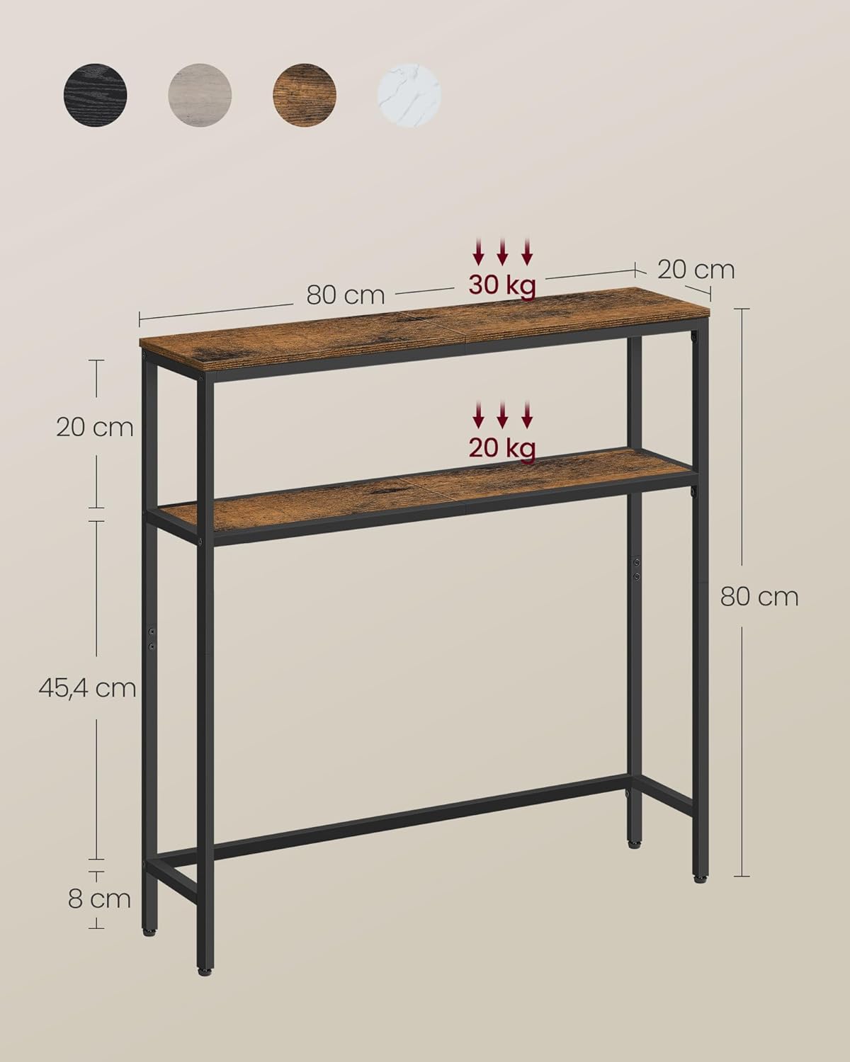 VASAGLE Keskeny konzolasztal 2 polccal, fémvázzal, ipari stílusban, 80 x 20 x 80 cm, rusztikus barna - Image 2