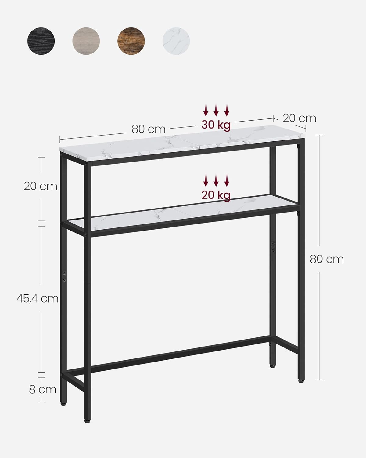 VASAGLE Konzolasztal 2 polccal, fémvázzal, 80 × 20 × 80 cm, márványfehér/fekete - Image 2