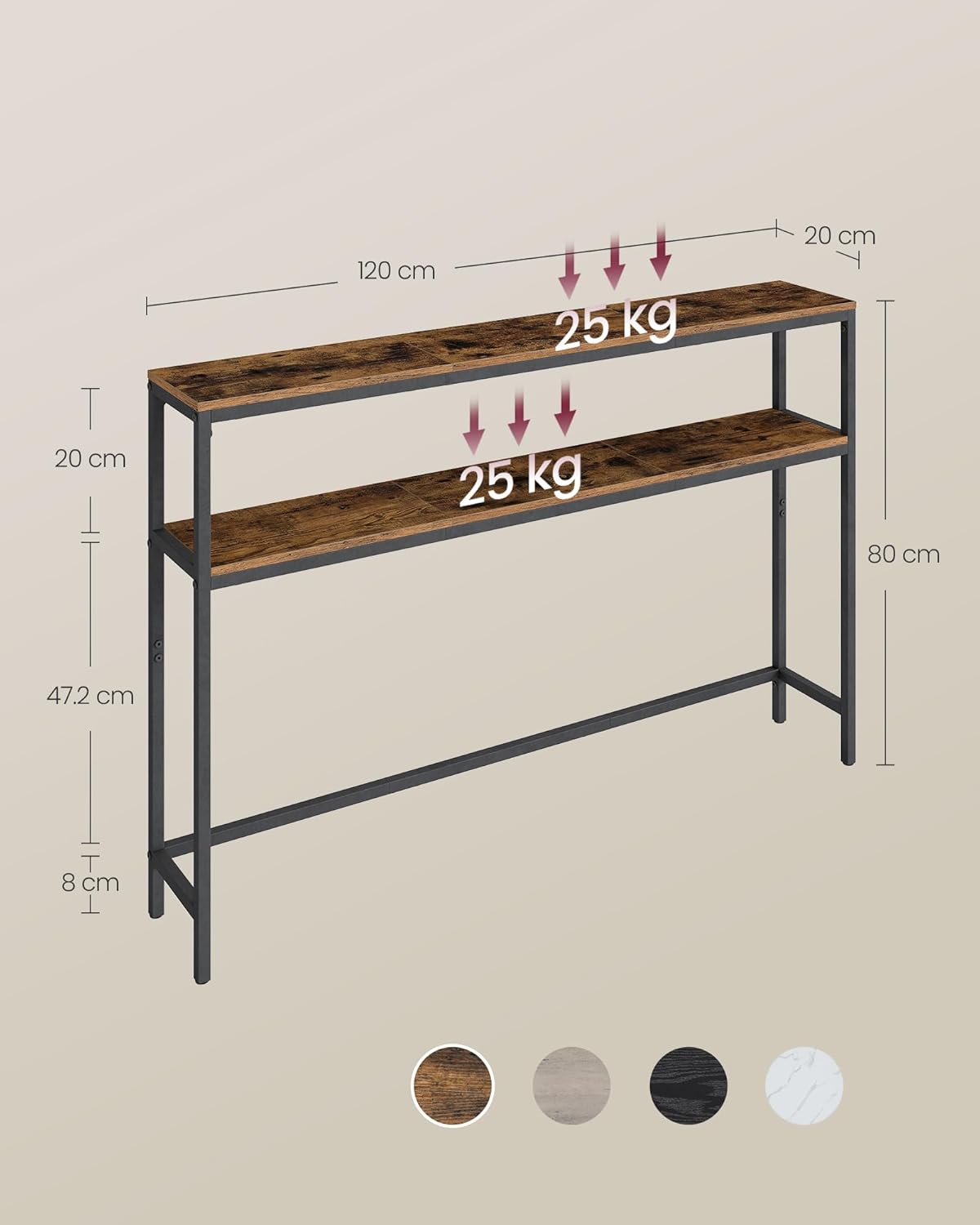 VASAGLE Keskeny Konzolasztal 2 Polccal, Fém Keret, Ipari Stílus, 120x20x80 cm, Rusztikus Barna - Image 2