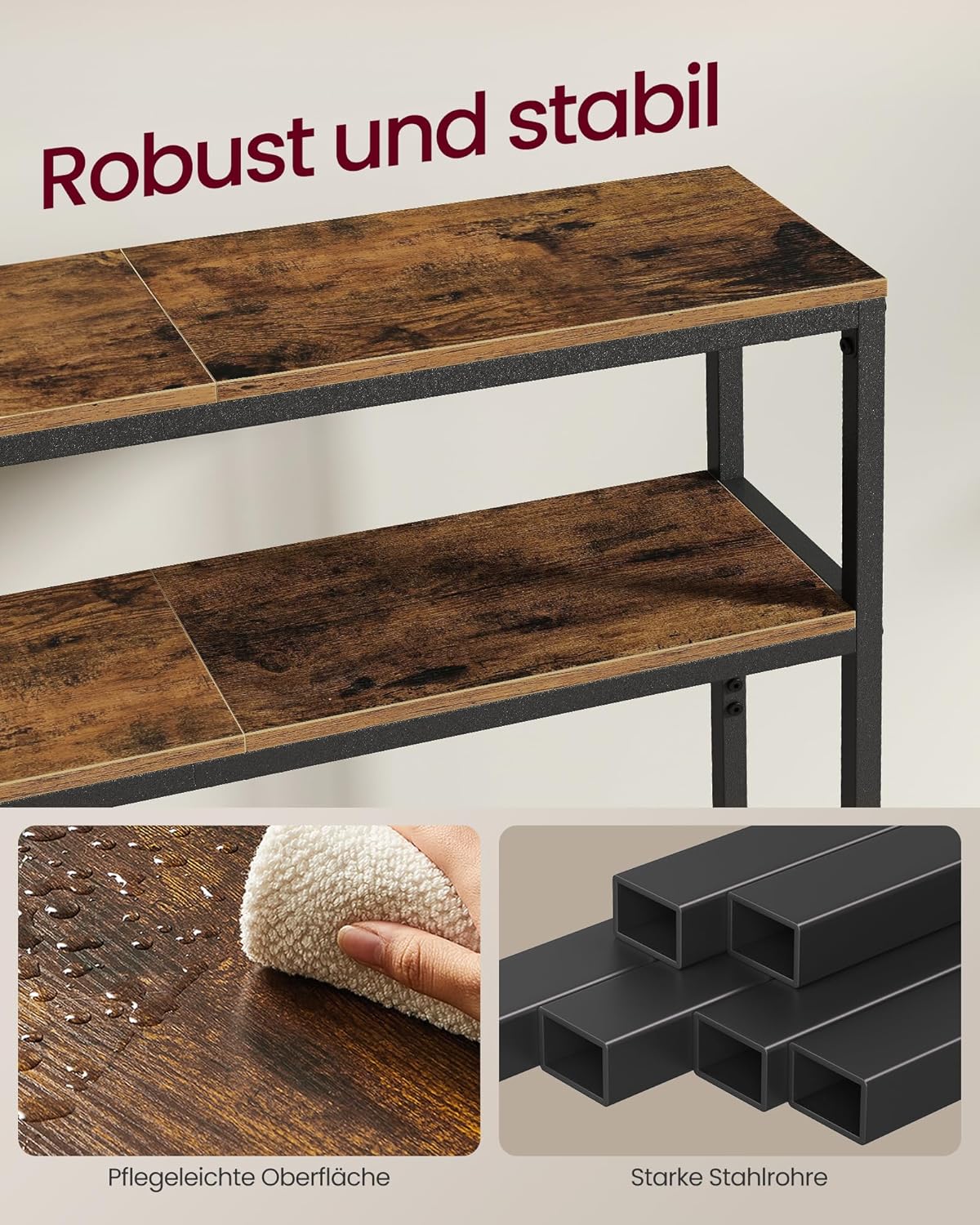 VASAGLE Keskeny Konzolasztal 2 Polccal, Fém Keret, Ipari Stílus, 120x20x80 cm, Rusztikus Barna - Image 5