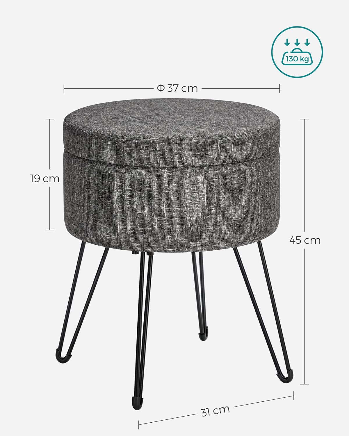 SONGMICS kerek tarolo taburet megfordithato fedellel, fem labakkal, 13 L, 39x45 cm, sotetszurke - Image 4