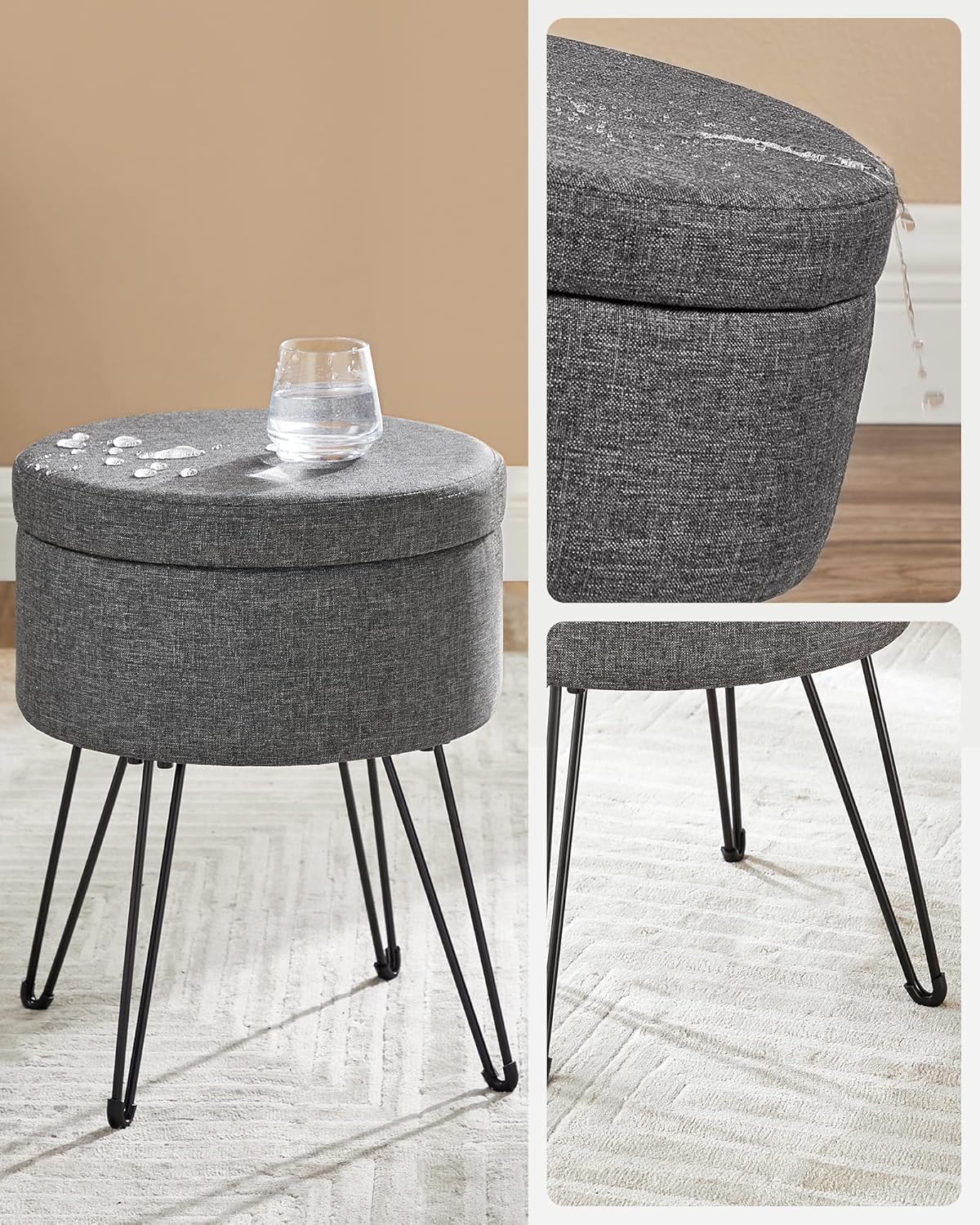 SONGMICS kerek tarolo taburet megfordithato fedellel, fem labakkal, 13 L, 39x45 cm, sotetszurke - Image 8