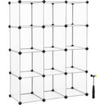 SONGMICS moduláris könyvespolc 12 rekesszel, műanyag kockás polcrendszer, gyors összeszerelés, 93x31x123 cm, áttetsző fehér