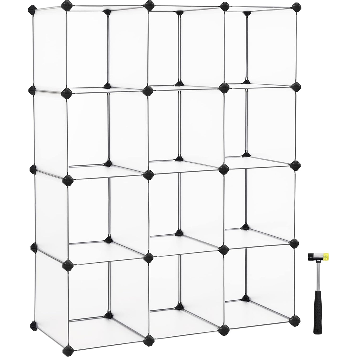 SONGMICS moduláris könyvespolc 12 rekesszel, műanyag kockás polcrendszer, gyors összeszerelés, 93x31x123 cm, áttetsző fehér