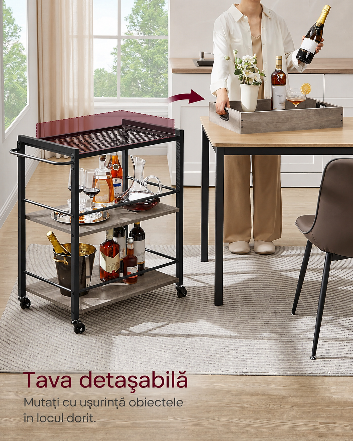 VASAGLE Tálalókocsi kivehető tálcával, 3 polccal, kerekekkel és állítható lábakkal, fémváz, 72x40x86 cm, szürke/fekete - Image 3