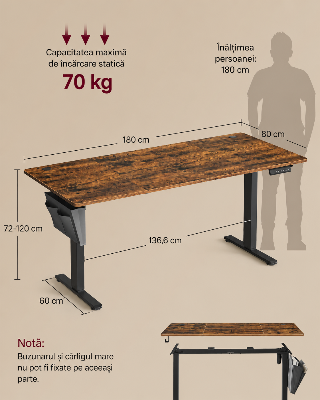 SONGMICS elektromosan allithato magassagu iroasztal, sit-stand funkcio, 4 memoria, kabelrendezo, 180x80x72-120 cm, rusztikus barna - Image 4