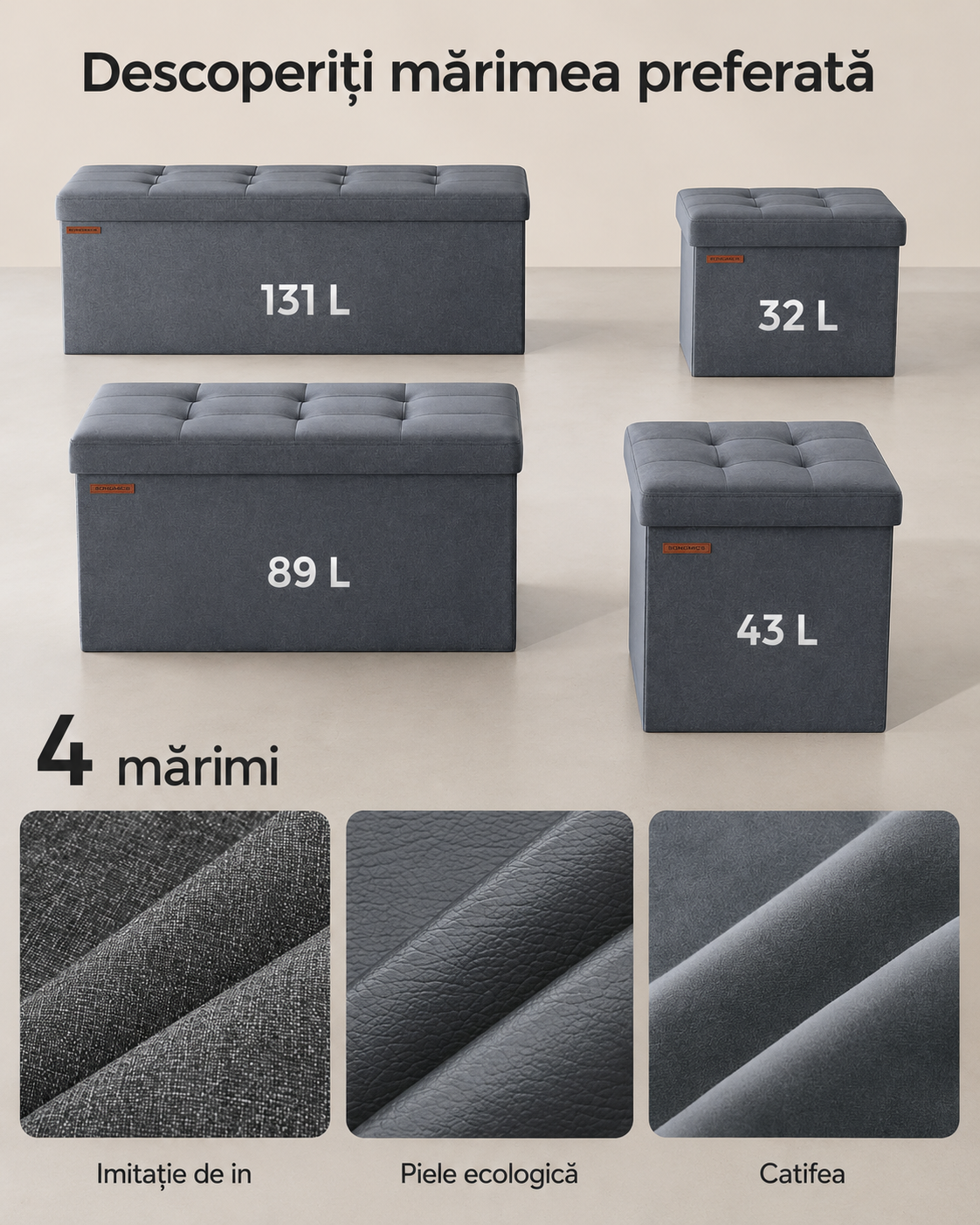 SONGMICS Összecsukható pad tárolórekesszel, steppelt bársony, 38x110x38 cm, teherbírás 300 kg, szürke - Image 3