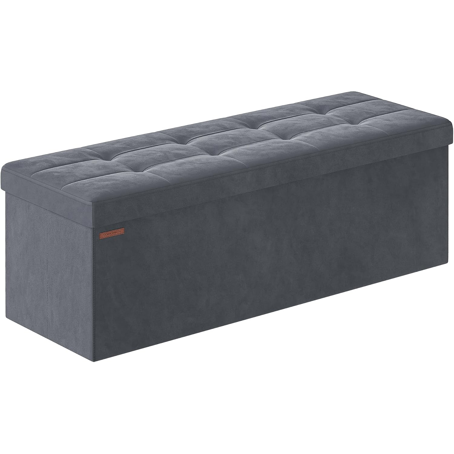 SONGMICS Összecsukható pad tárolórekesszel, steppelt bársony, 38x110x38 cm, teherbírás 300 kg, szürke