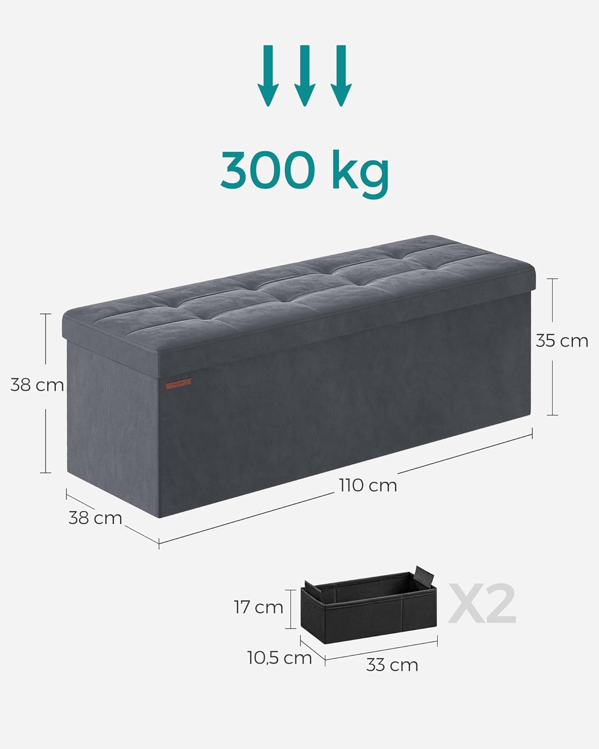 SONGMICS Összecsukható pad tárolórekesszel, steppelt bársony, 38x110x38 cm, teherbírás 300 kg, szürke - Image 5