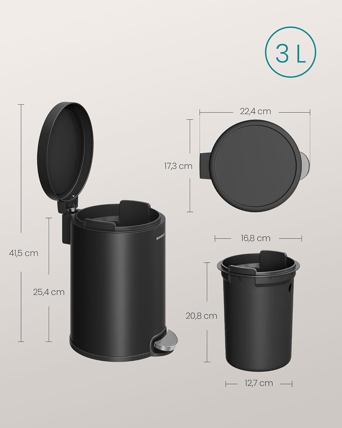 SONGMICS Pedálos szemetes, 3 l, 22x17x25 cm, lassan záródó fedéllel, kivehető vödörrel, acél, fekete - Image 2
