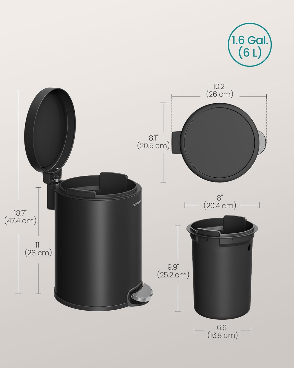 SONGMICS Pedálos szemetes, 6 l, 26x21x28 cm, lassan záródó fedéllel, kivehető vödörrel, acél, fekete - Image 2
