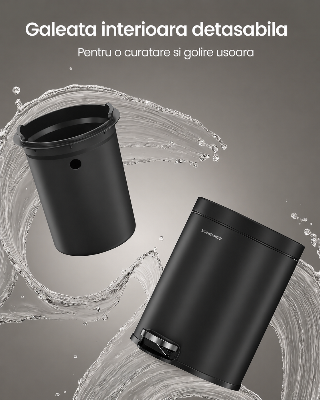 SONGMICS Pedálos szemetes, 6 l, 26x21x28 cm, lassan záródó fedéllel, kivehető vödörrel, acél, fekete - Image 3
