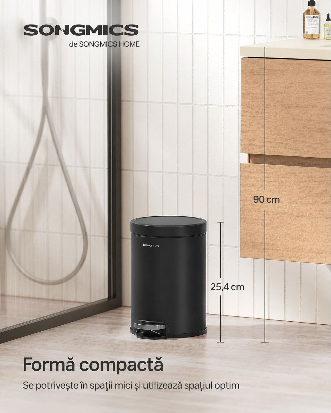 SONGMICS Pedálos szemetes, 6 l, 26x21x28 cm, lassan záródó fedéllel, kivehető vödörrel, acél, fekete - Image 4