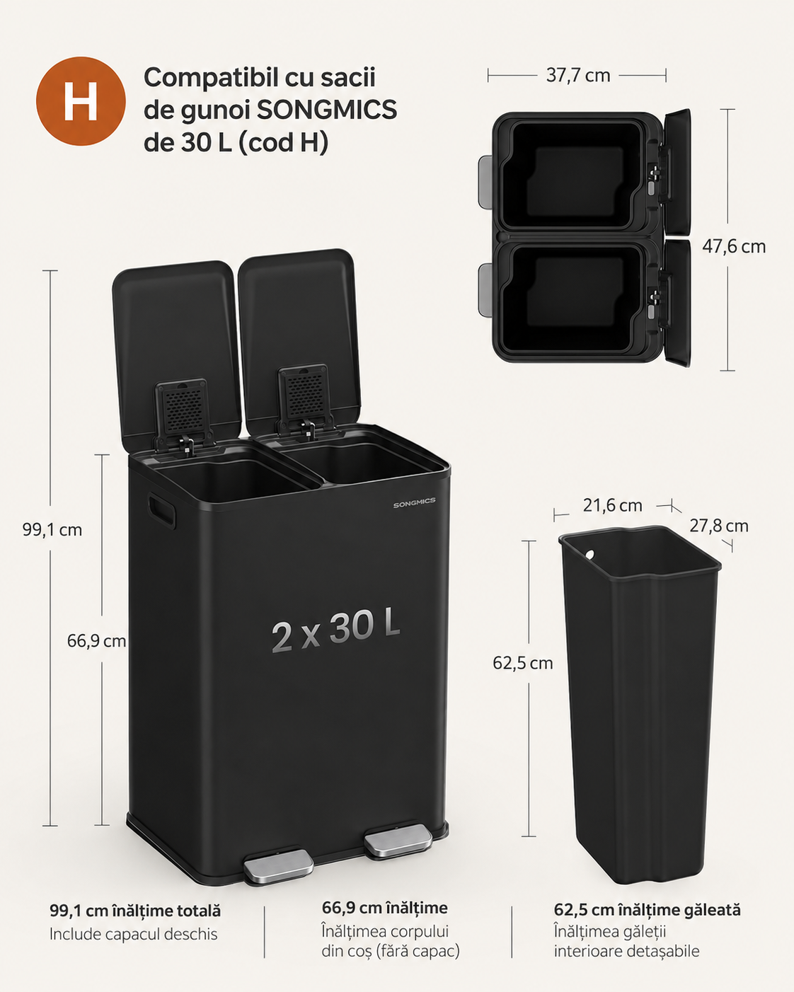 SONGMICS 2x30 literes szemetes, 2 rekesszel, soft-close fedéllel és belső vödrökkel, acél, fekete - Image 2