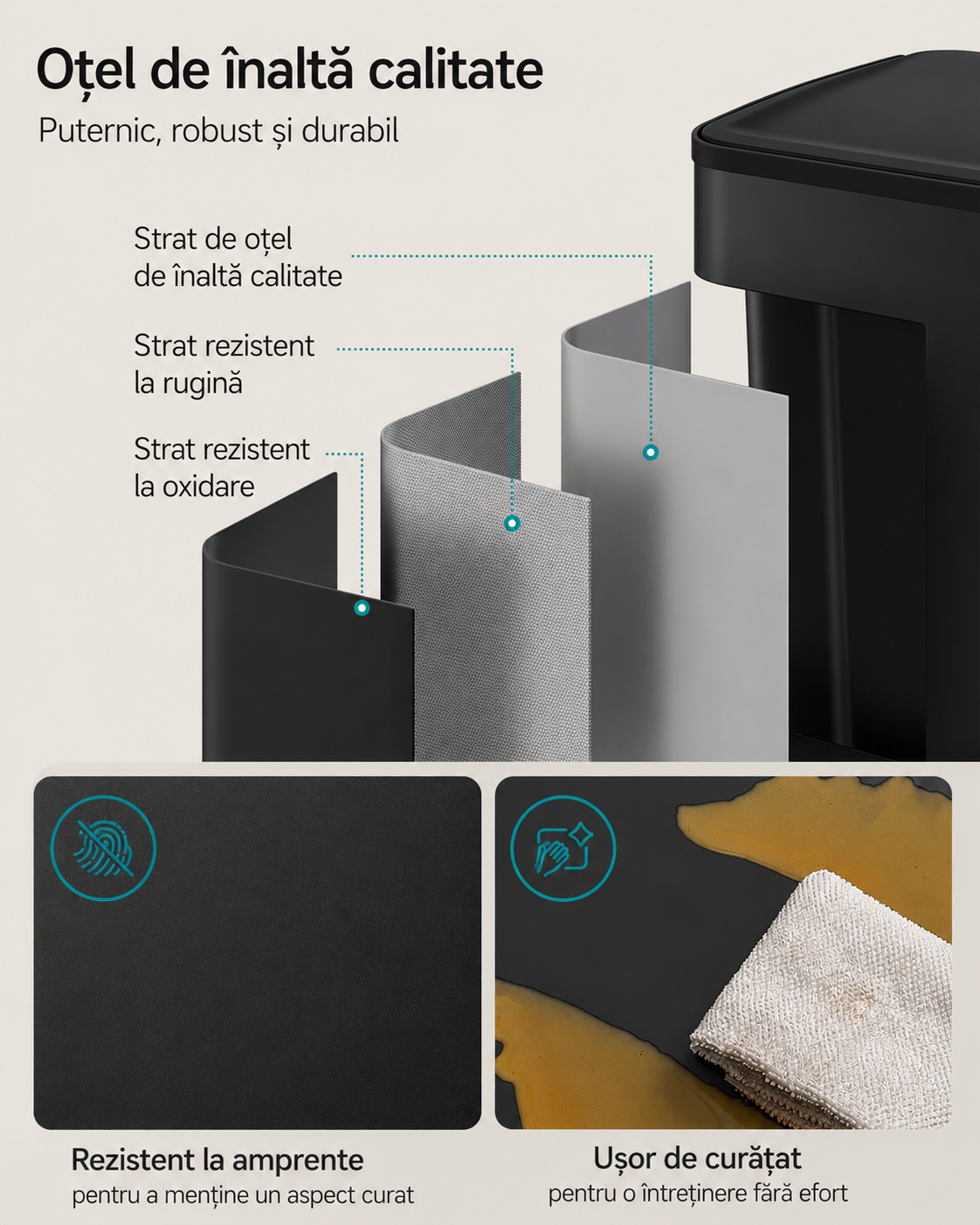 SONGMICS 2x30 literes szemetes, 2 rekesszel, soft-close fedéllel és belső vödrökkel, acél, fekete - Image 3