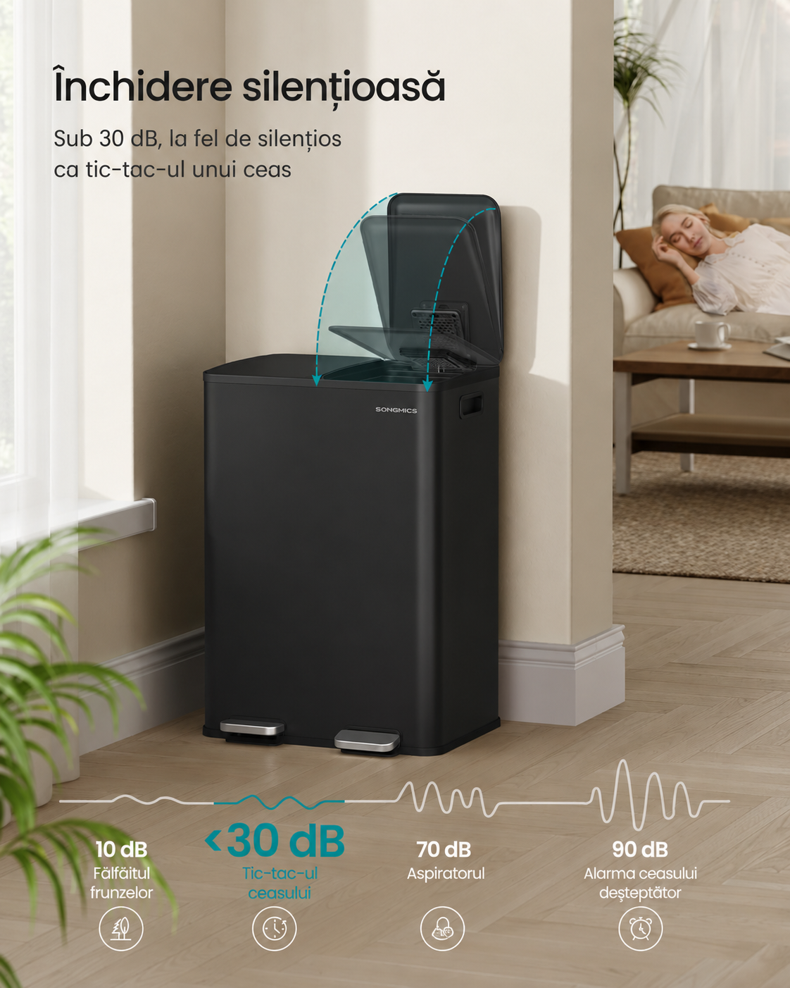 SONGMICS 2x30 literes szemetes, 2 rekesszel, soft-close fedéllel és belső vödrökkel, acél, fekete - Image 5