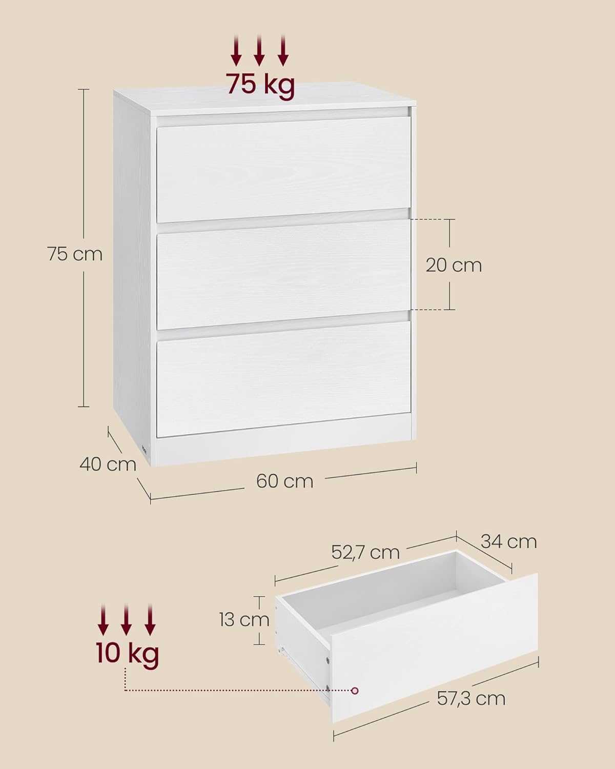 VASAGLE komód 3 fiókkal, modern minimalista kialakítás, forgácslap és MDF, 60x40x75 cm, fehér - Image 2