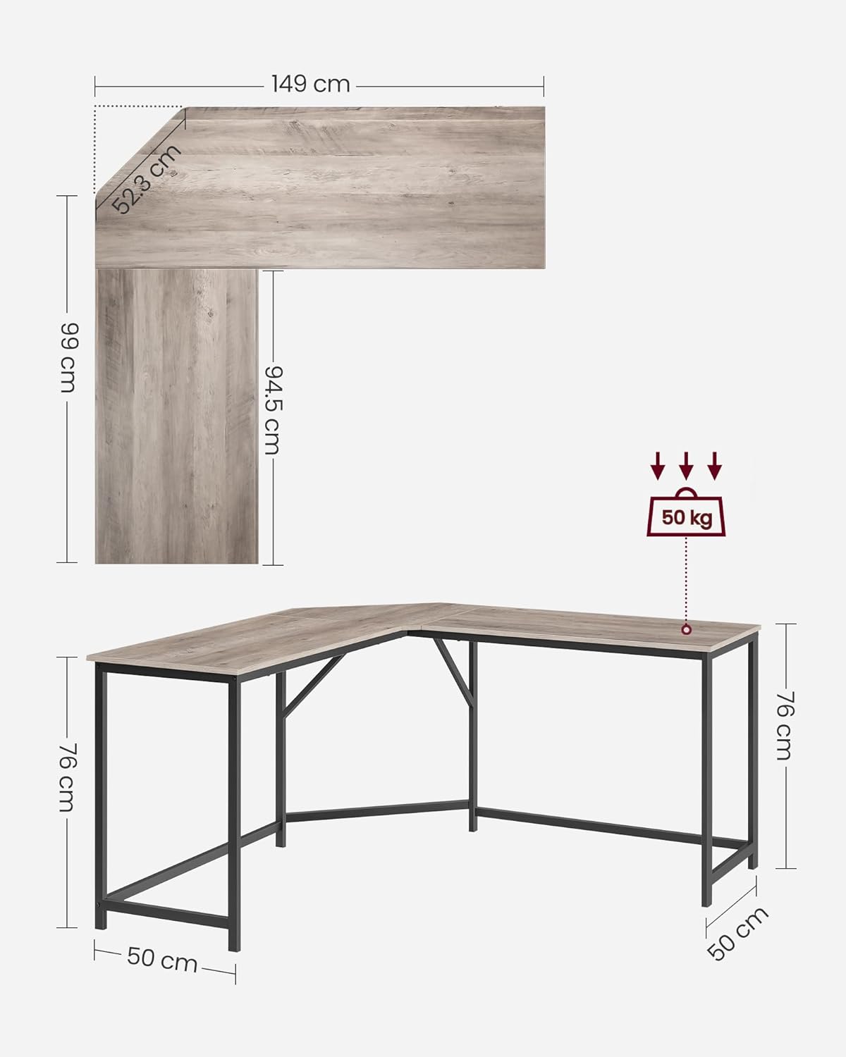 VASAGLE L alaku sarokiroasztal femvazzal, ipari stilus, 149x149x76 cm, tolgyszurke - Image 3
