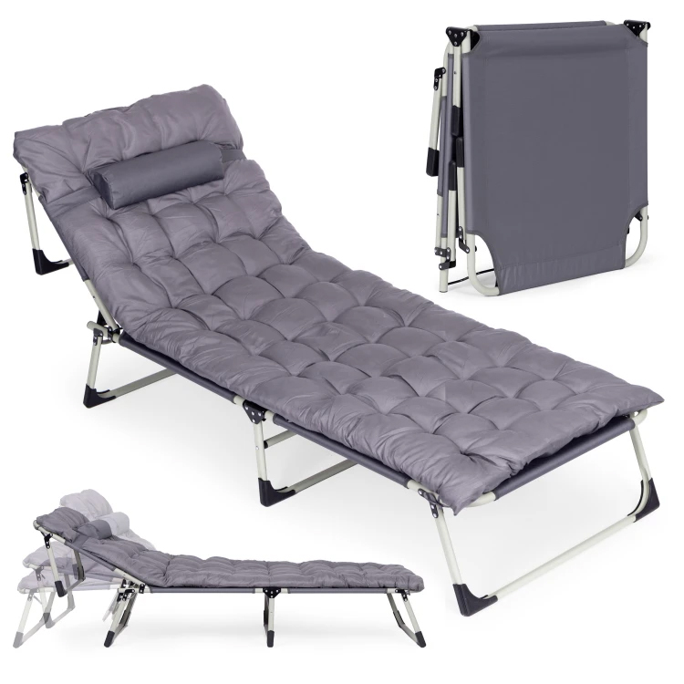 Osszecsukhato kerti napagy vastag matraccal es parnaval, allithato hattamlaval, max. 120 kg, 67x193x77 cm, szurke - Image 2