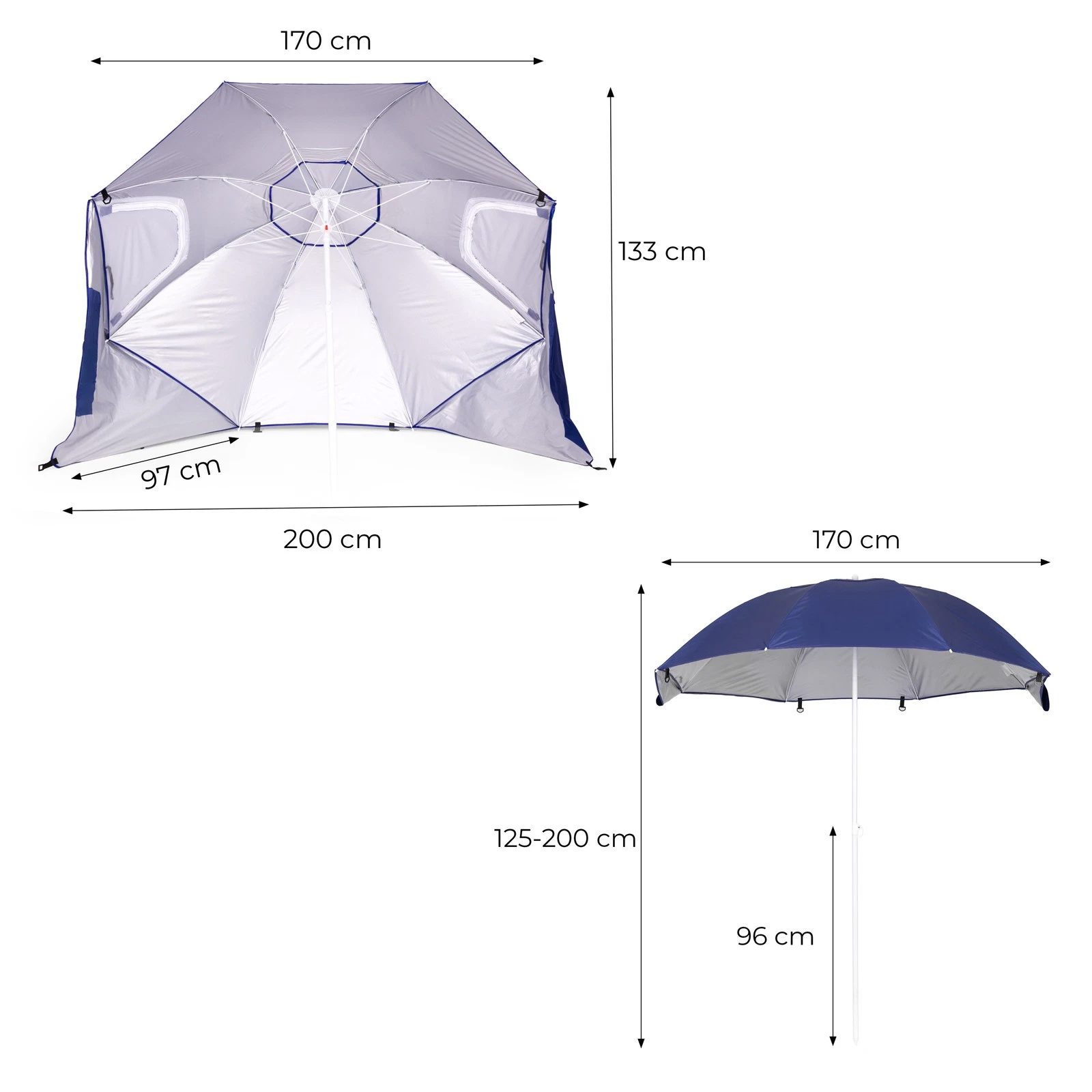 XXL strandernyő sátor kialakítással, 2 oldalfallal, állítható magassággal 125–200 cm, kék - Image 7