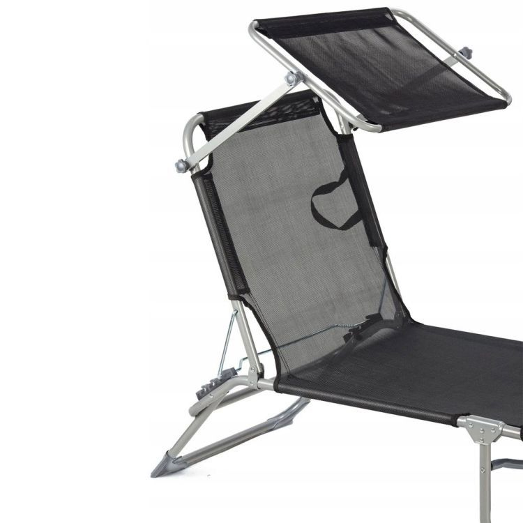 Összecsukható napozóágy napellenzővel, állítható háttámlával, 178x57 cm, 150 kg, fekete - Image 4