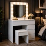 Hollywood Pro sminkasztal 5 fiokkal, tukorrel, 12 LED izzoval es parnazott szekkel, 94x43x140 cm, feher