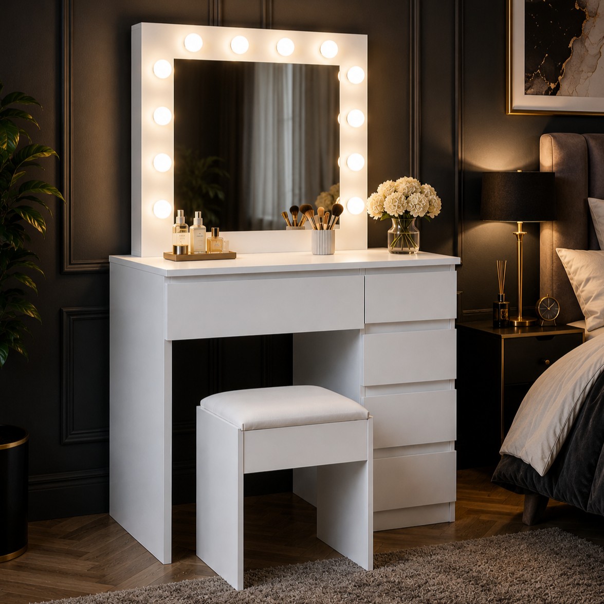 Hollywood Pro sminkasztal 5 fiokkal, tukorrel, 12 LED izzoval es parnazott szekkel, 94x43x140 cm, feher