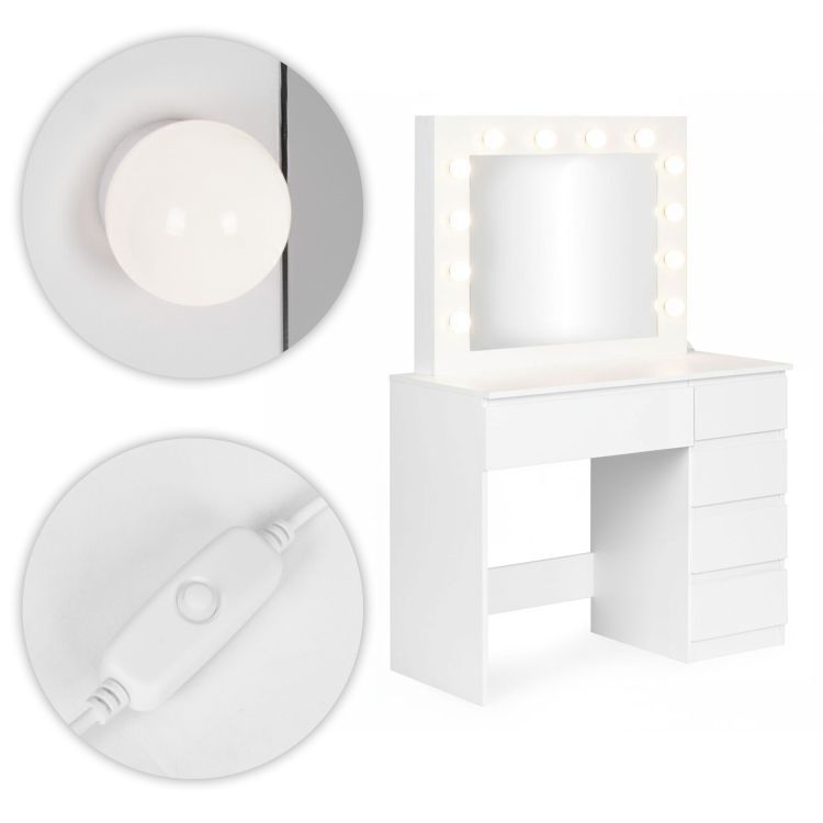 Hollywood Pro sminkasztal 5 fiokkal, tukorrel, 12 LED izzoval es parnazott szekkel, 94x43x140 cm, feher - Image 3