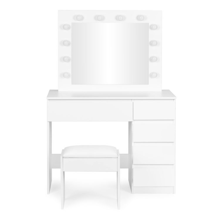 Hollywood Pro sminkasztal 5 fiokkal, tukorrel, 12 LED izzoval es parnazott szekkel, 94x43x140 cm, feher - Image 8
