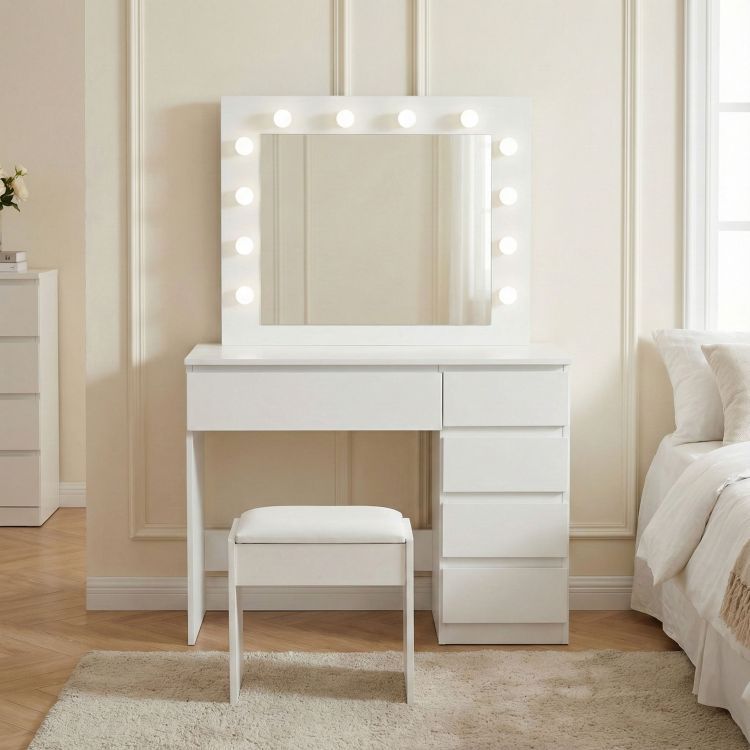 Hollywood Pro sminkasztal 5 fiokkal, tukorrel, 12 LED izzoval es parnazott szekkel, 94x43x140 cm, feher - Image 10