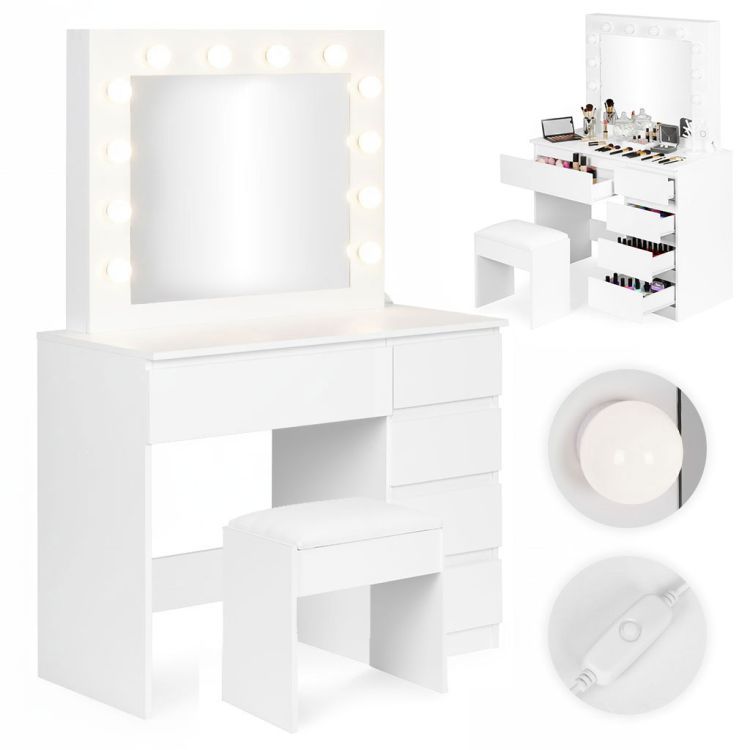 Hollywood Pro sminkasztal 5 fiokkal, tukorrel, 12 LED izzoval es parnazott szekkel, 94x43x140 cm, feher - Image 12