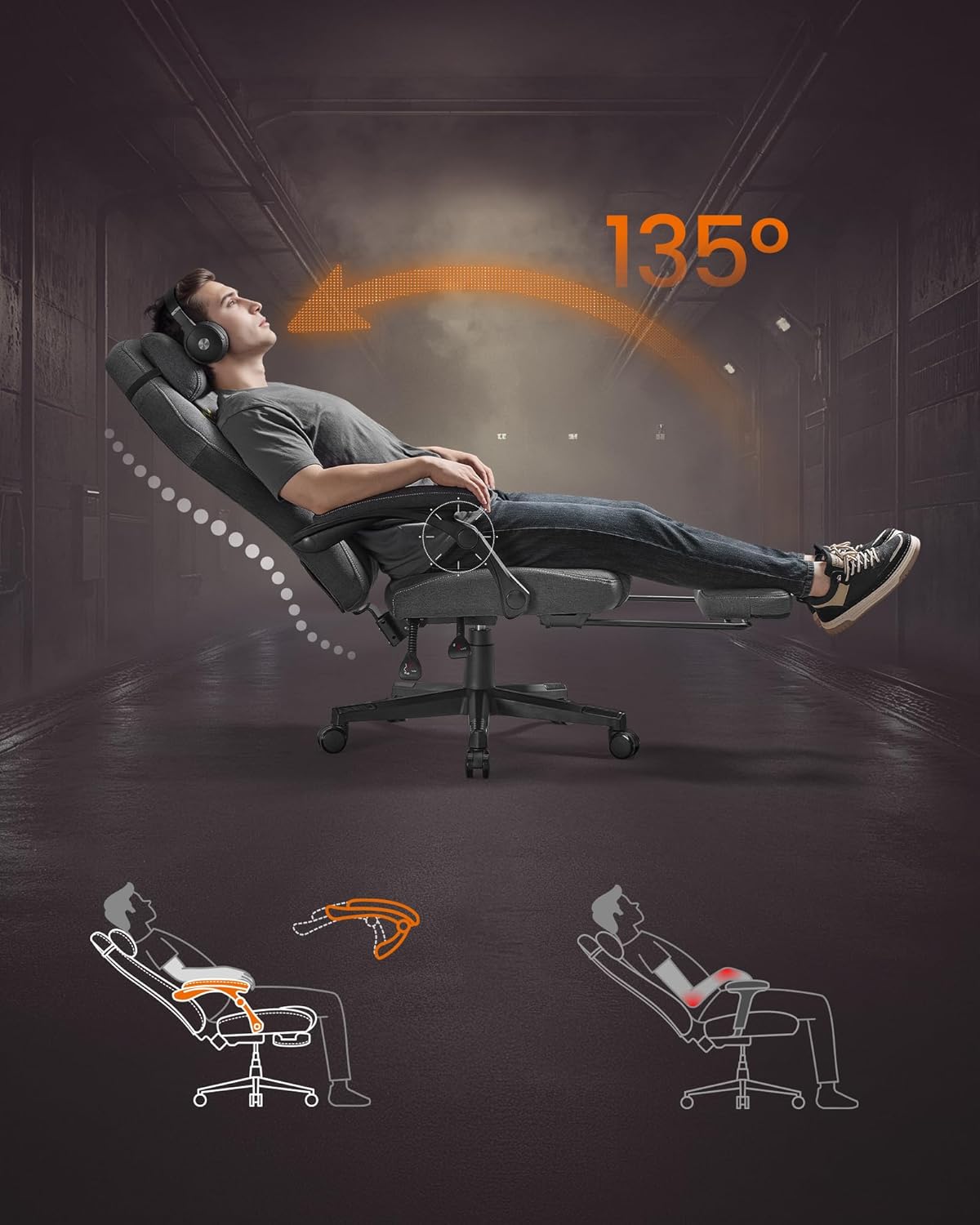SONGMICS ergonomikus gamer szek labtartoval, pamut es lenvaszon huzattal, max. 150 kg, 70x70x129 cm, szurke - Image 2