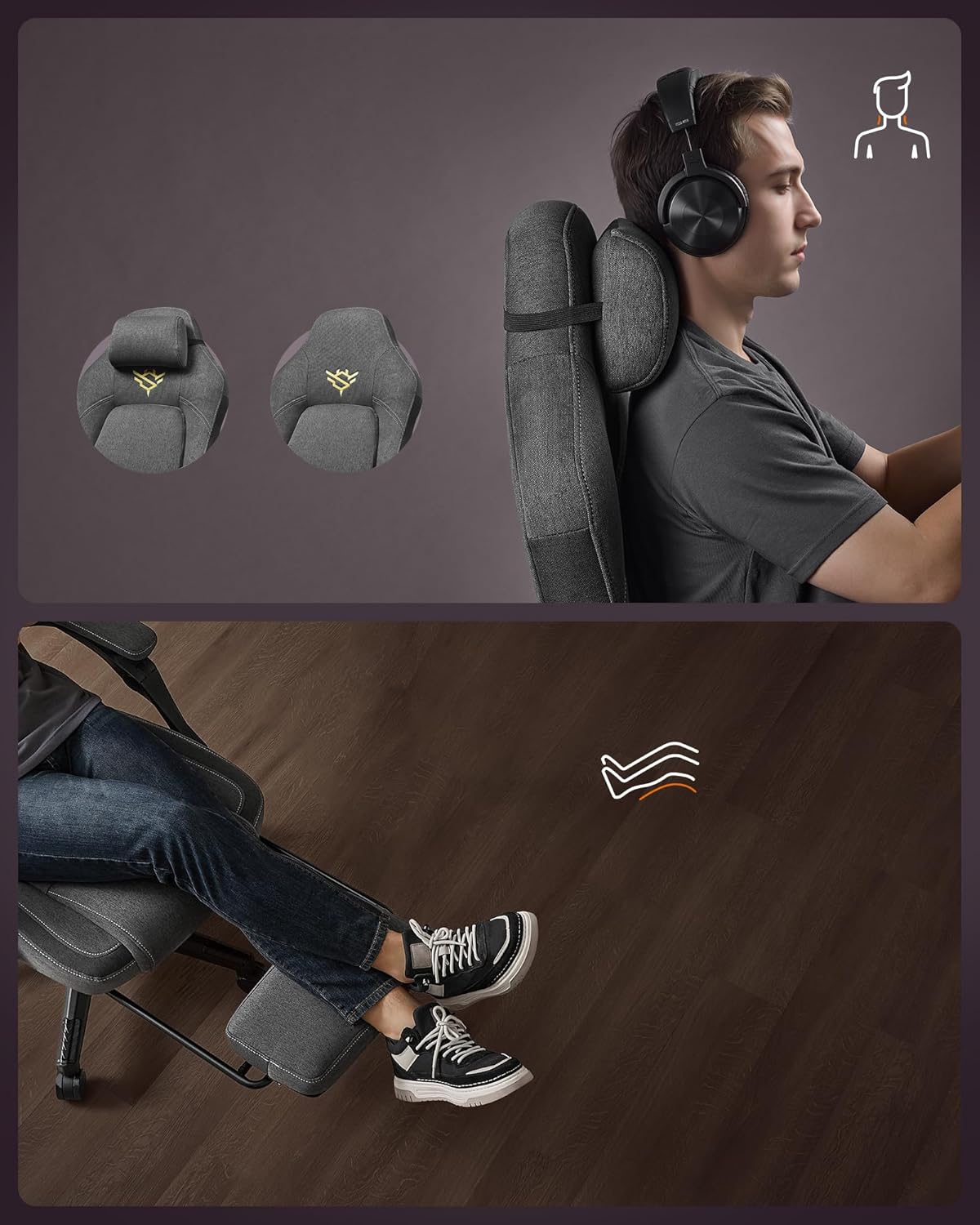 SONGMICS ergonomikus gamer szek labtartoval, pamut es lenvaszon huzattal, max. 150 kg, 70x70x129 cm, szurke - Image 3