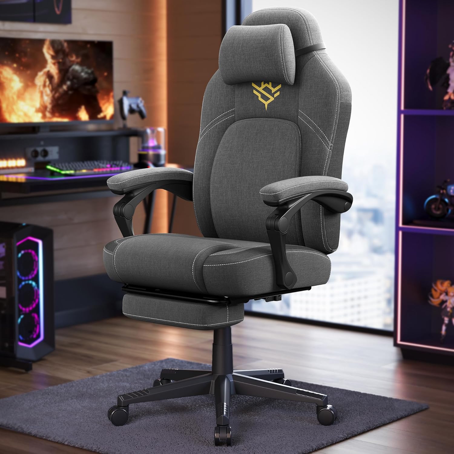 SONGMICS ergonomikus gamer szek labtartoval, pamut es lenvaszon huzattal, max. 150 kg, 70x70x129 cm, szurke - Image 4
