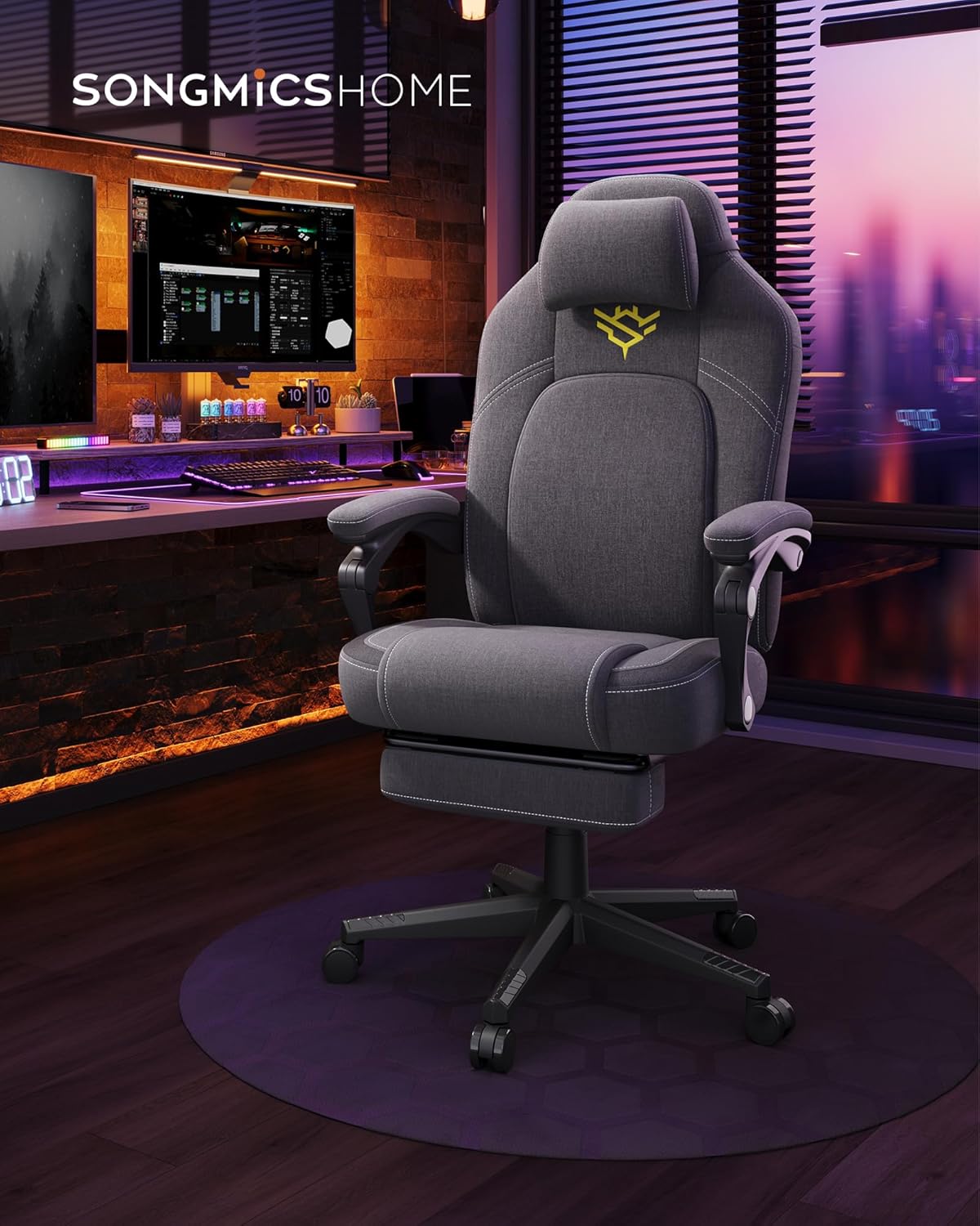 SONGMICS ergonomikus gamer szek labtartoval, pamut es lenvaszon huzattal, max. 150 kg, 70x70x129 cm, szurke - Image 5