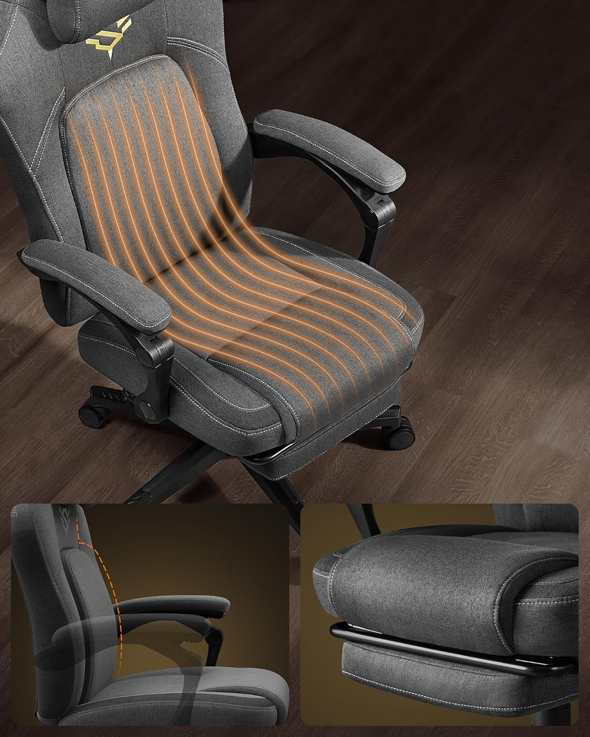 SONGMICS ergonomikus gamer szek labtartoval, pamut es lenvaszon huzattal, max. 150 kg, 70x70x129 cm, szurke - Image 6