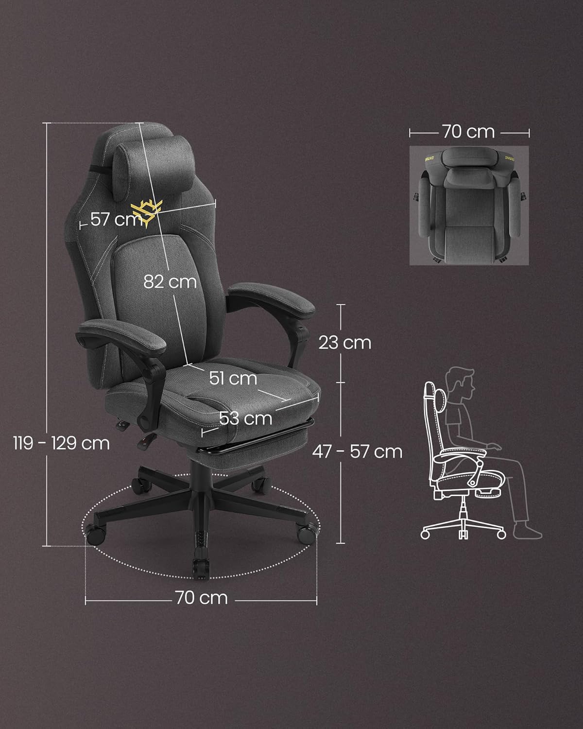 SONGMICS ergonomikus gamer szek labtartoval, pamut es lenvaszon huzattal, max. 150 kg, 70x70x129 cm, szurke - Image 7