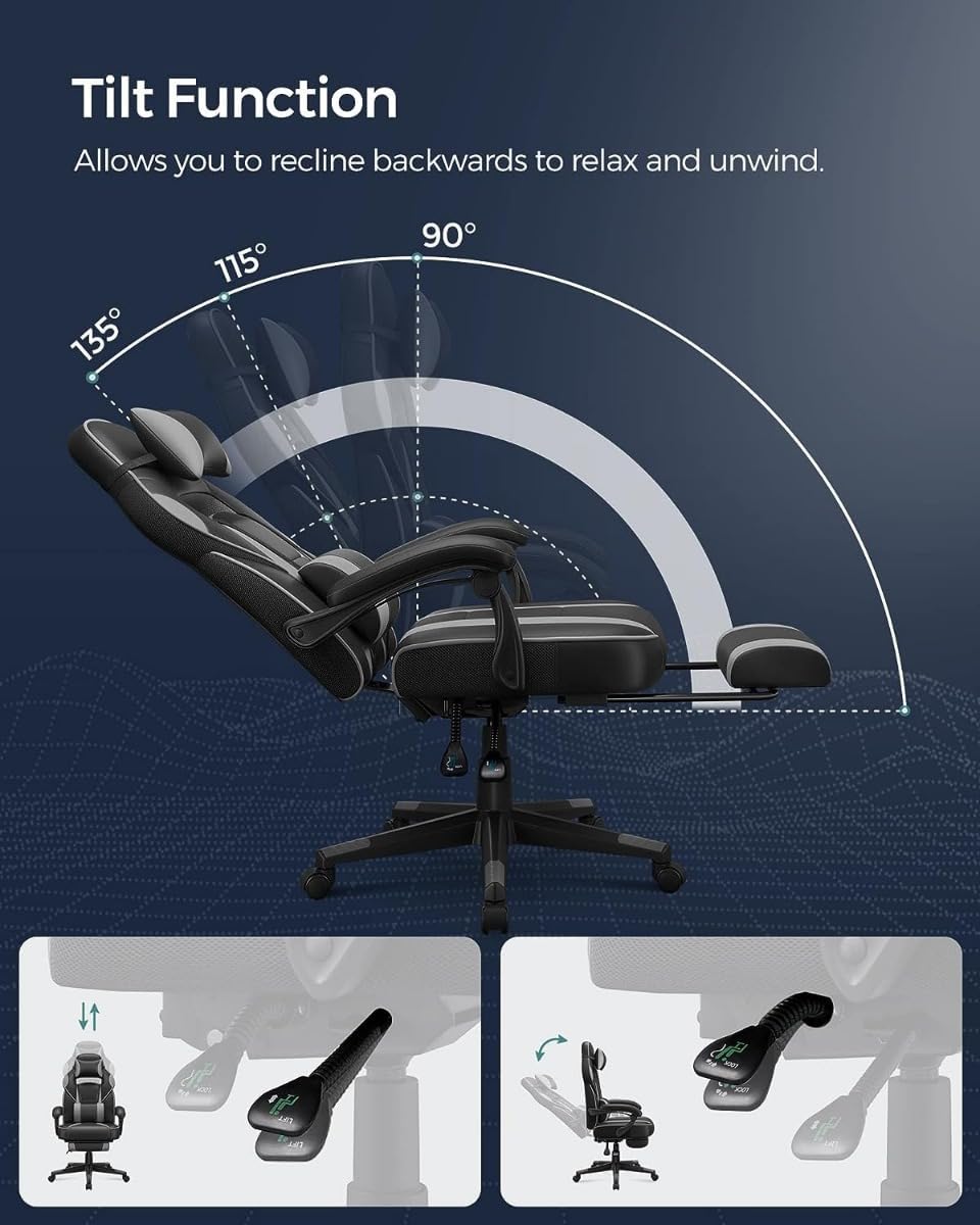 SONGMICS ergonomikus gamer szek magas hattamlaval, labtartoval, max. 150 kg, 50x70x126 cm, fekete es szurke - Image 2