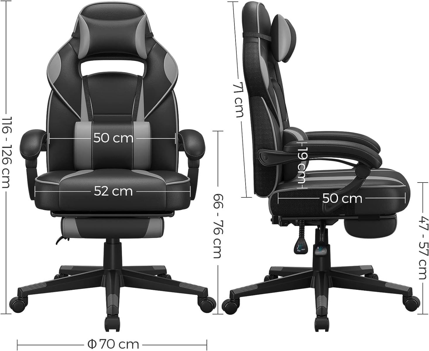 SONGMICS ergonomikus gamer szek magas hattamlaval, labtartoval, max. 150 kg, 50x70x126 cm, fekete es szurke - Image 4