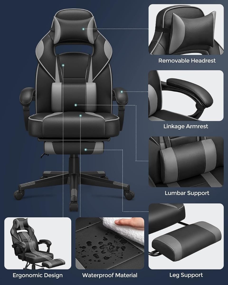 SONGMICS ergonomikus gamer szek magas hattamlaval, labtartoval, max. 150 kg, 50x70x126 cm, fekete es szurke - Image 5